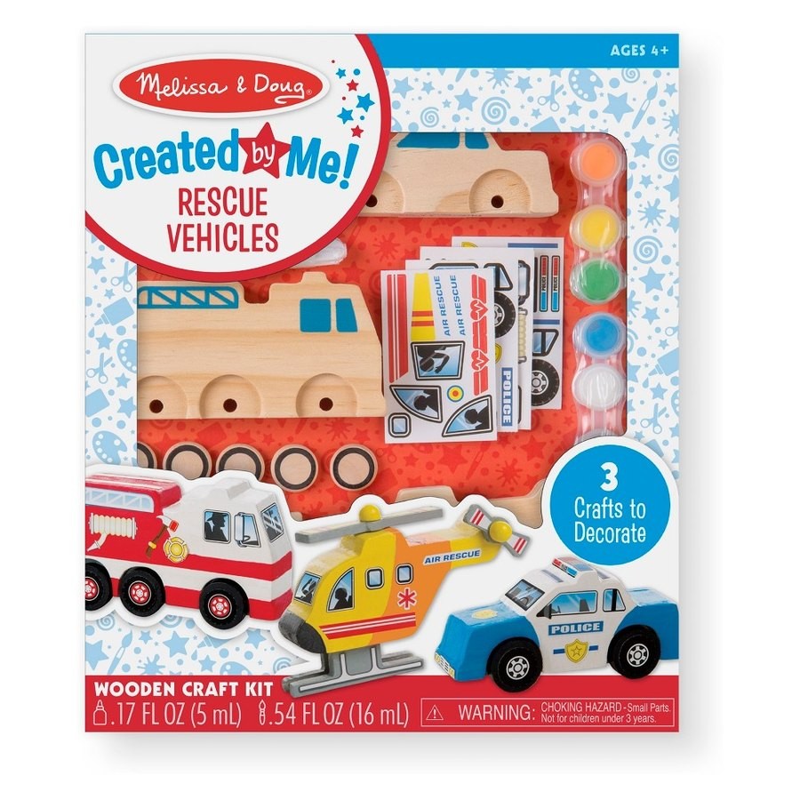 Discounted Melissa & Doug Decorate-Your-Own Wooden Rescue Vehicles Craft Kit - Police Car, Fire Truck, Helicopter