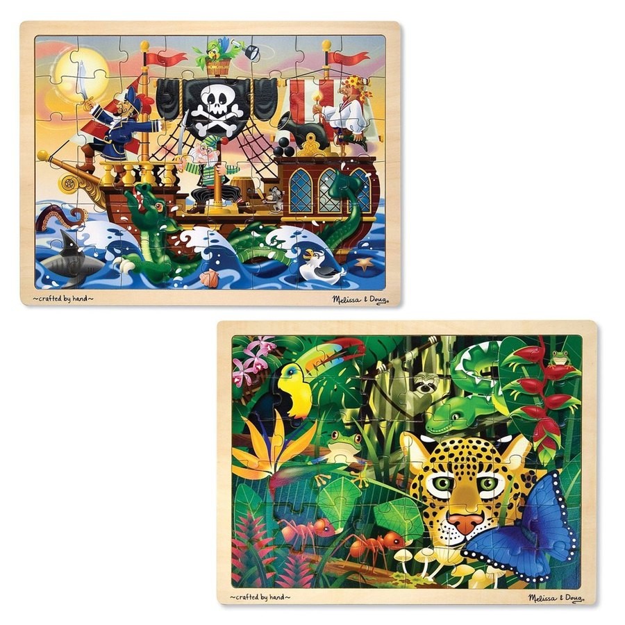 Best Melissa & Doug Wooden Jigsaw Puzzles Set - Rainforest Animals and Pirate Ship 2pc