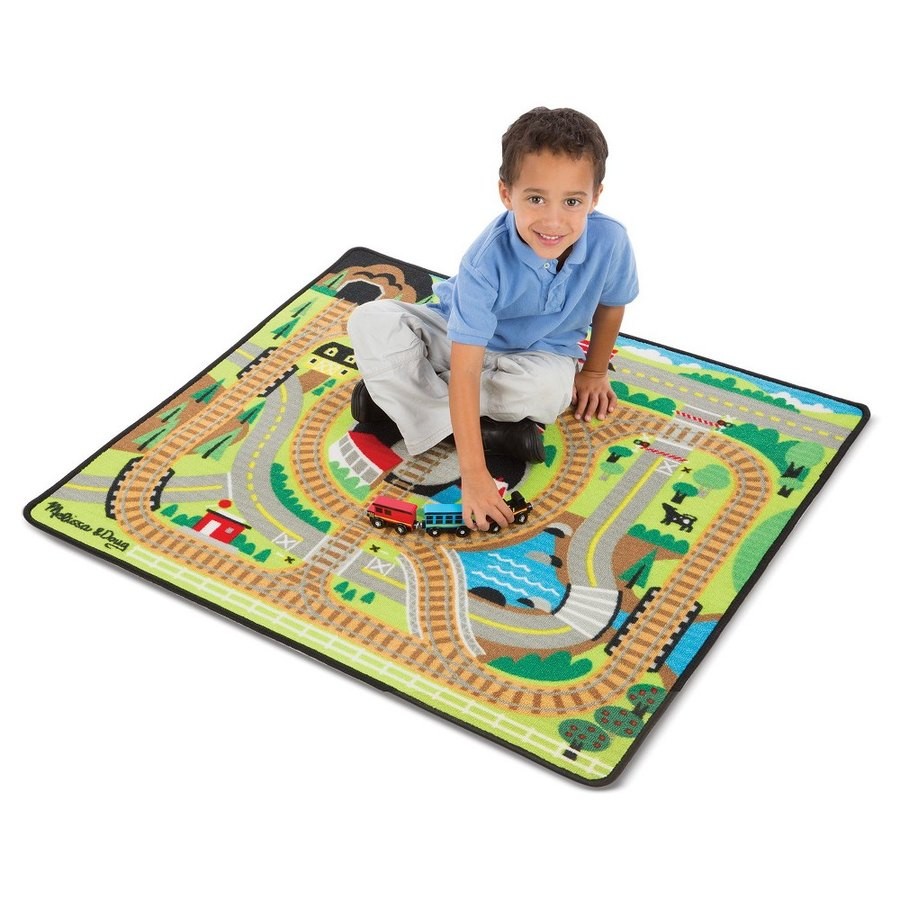 Sale Melissa & Doug Round the Rails Train Rug With 3 Linking Wooden Train Cars (39 x 36 inches)